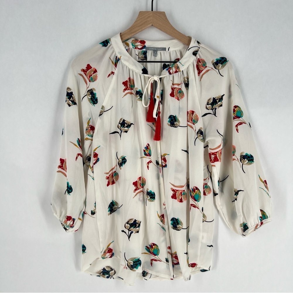 Lemon Tart Floral Print Women's Crepe‎ Chiffon Top Tassel Tie Neck 3/4 Sleeve S